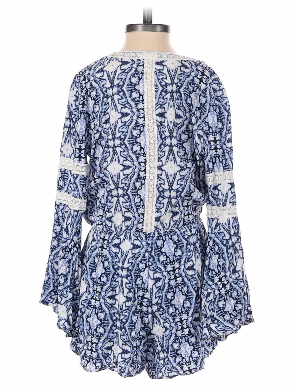 Revolve L*space Mazzaron Blue and White Printed Romper with Lace Trim - Picture 4 of 5